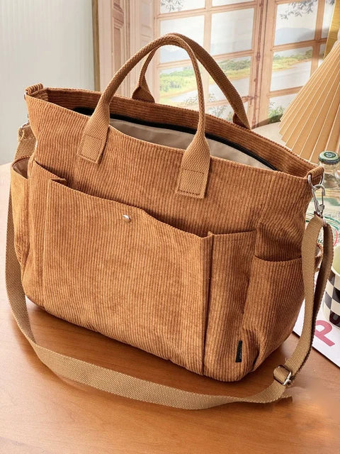 Corduroy Schoudertas met Trendy Ribstof en Praktische Indeling