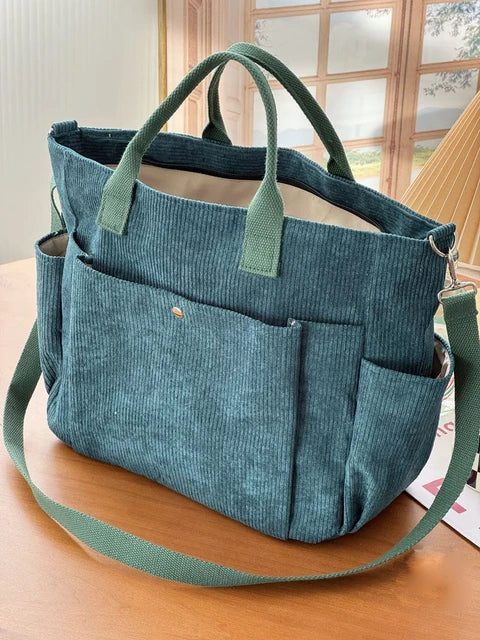 Corduroy Schoudertas met Trendy Ribstof en Praktische Indeling