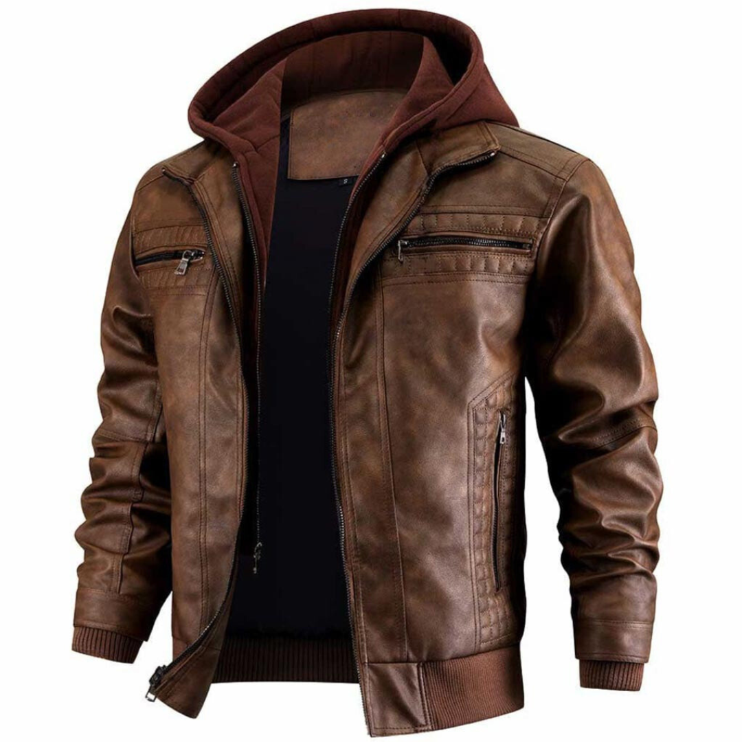 Heren Leren Jas – Retro Motorjack met Capuchon