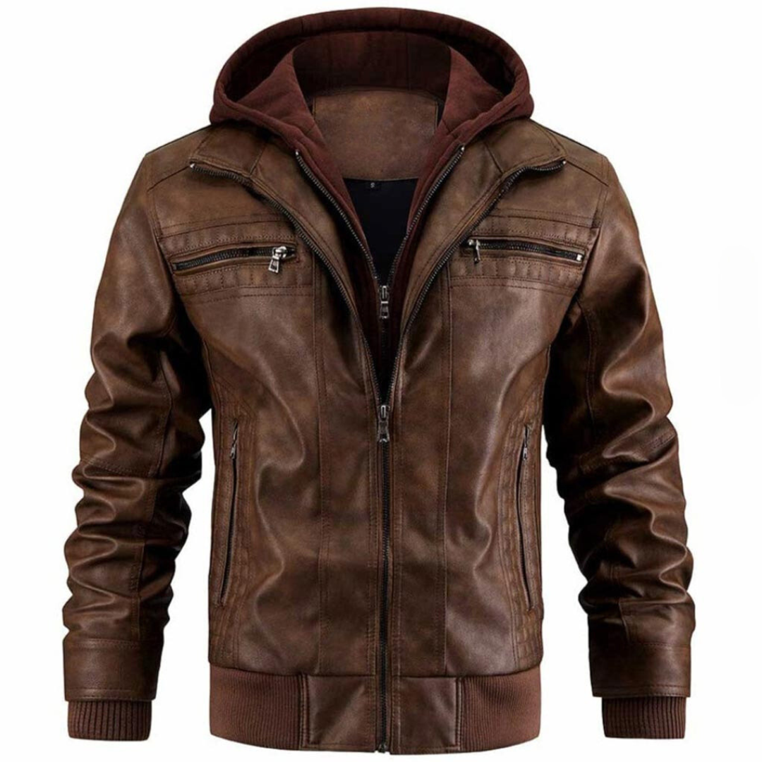 Heren Leren Jas – Retro Motorjack met Capuchon
