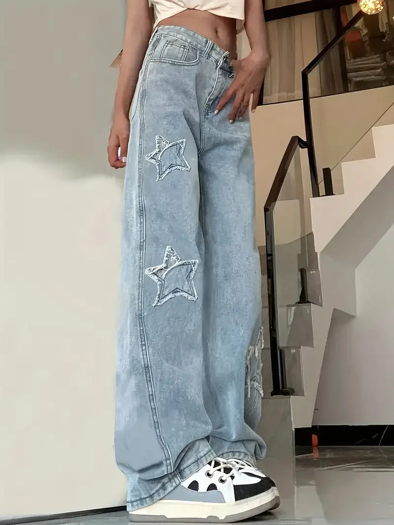 Baggy Jeans met Sterrenpatroon voor Dames – Hoge Taille