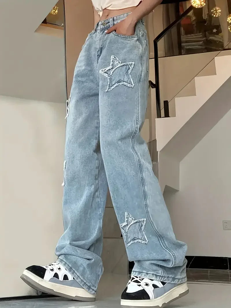 Baggy Jeans met Sterrenpatroon voor Dames – Hoge Taille