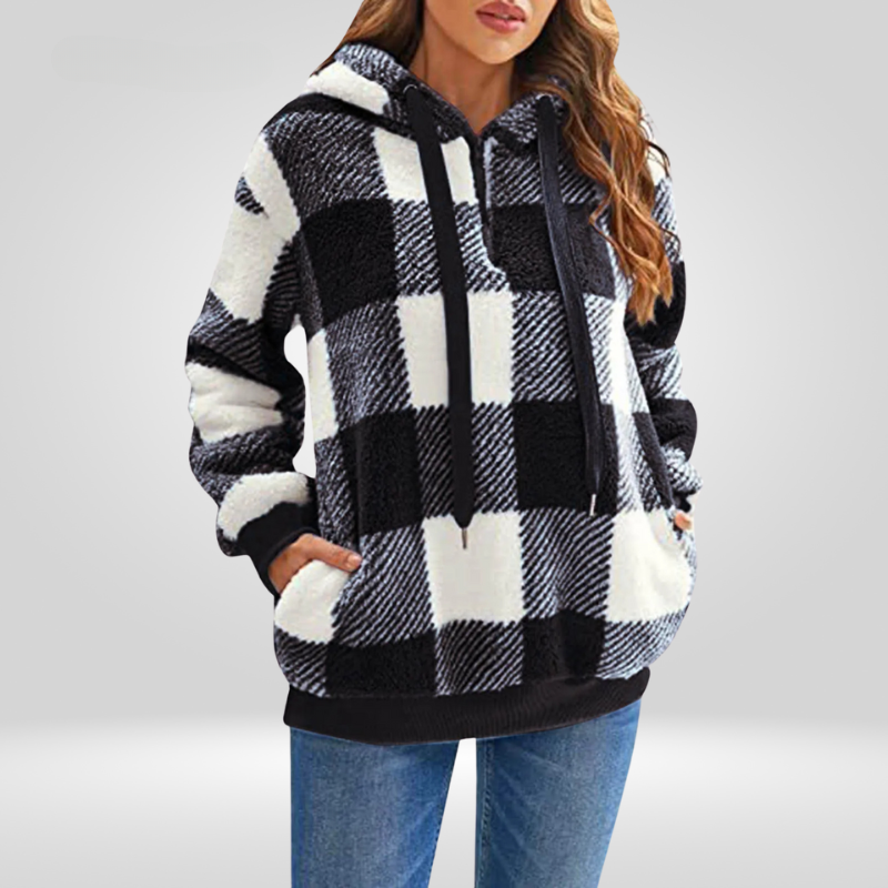 Dames Hoodie met Halve Rits en Ruitpatroon – Gebreid