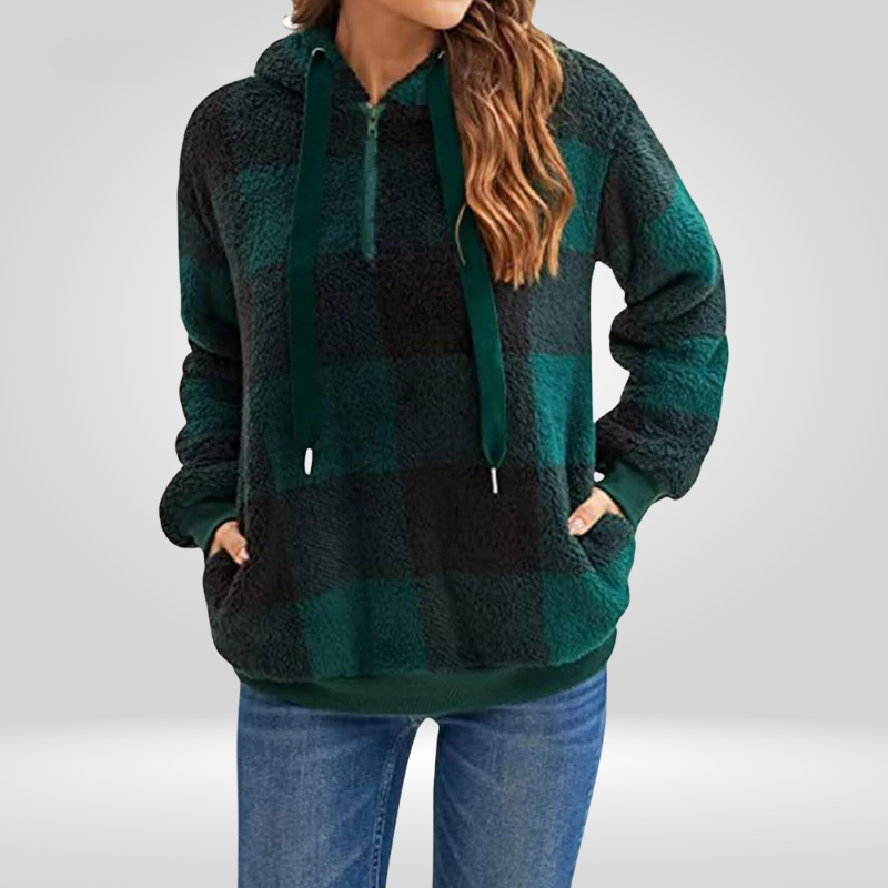 Dames Hoodie met Halve Rits en Ruitpatroon – Gebreid