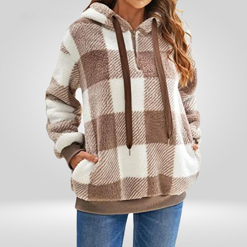 Dames Hoodie met Halve Rits en Ruitpatroon – Gebreid