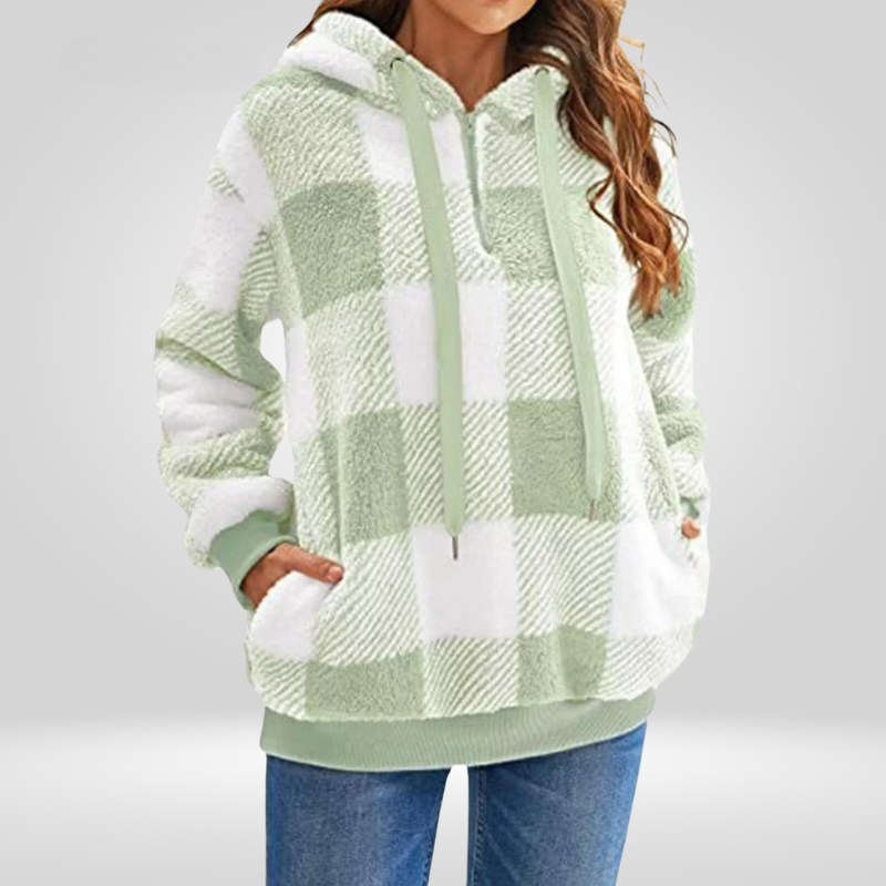 Dames Hoodie met Halve Rits en Ruitpatroon – Gebreid