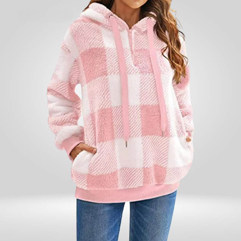 Dames Hoodie met Halve Rits en Ruitpatroon – Gebreid