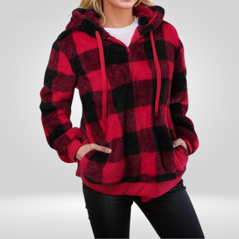 Dames Hoodie met Halve Rits en Ruitpatroon – Gebreid